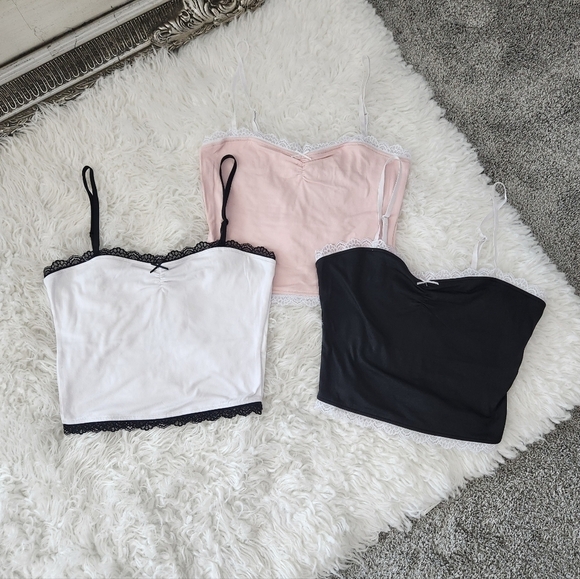 Charlotte Russe Tops - Charlotte Russe crop spaghetti straps lace trim cami tops. Pink-Black-Wh…